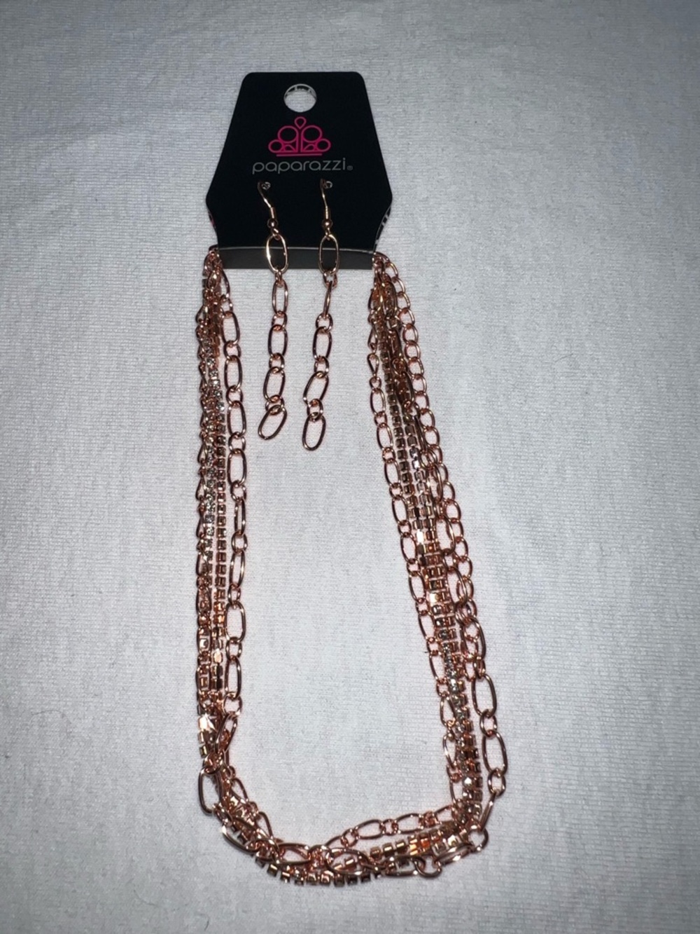 paparazzi Rose Gold Layered Chain Necklace with Dangle Earrings